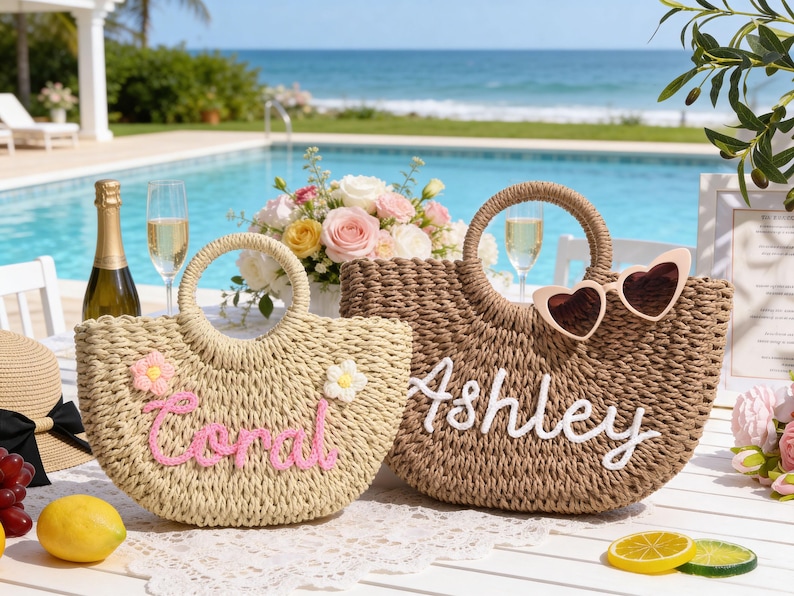Personalized Straw Bridesmaid Handbag,Beach Bag,Bridesmaid Gift,Crochet Handwoven Khaki Beige image 19