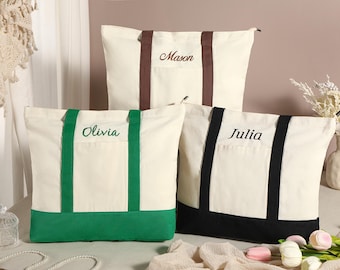 Embroidered Custom Canvas Tote Bag,Tote Bag With Zipper,Embroidered Name Tote Bag,Boat Tote Bag,Travel Bag, Personalized Gift,Gift For Her