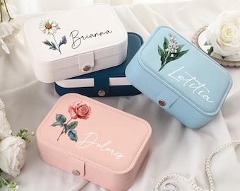 Custom Name Travel Jewelry Organizer,Personalized Birth Flower Jewelry Box,Birth Bouquet Jewelry Case,Bridesmaid Gift,Bachelor Party Gift