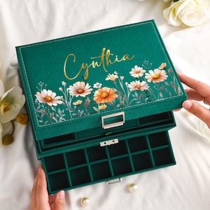 Großer Schmuck Organizer mit Schublade, Schmuckschatulle aus Samt, Name Schmuckschatulle mit Blumen, Frauen Aufbewahrungsbox, Schmuck Display, Geschenk für Sie