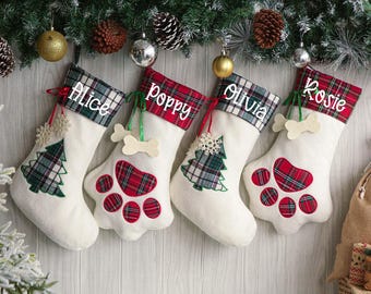 Personalized Pet Christmas Stockings,Christmas Gift,Christmas Dog Paw Stockings,Christmas Family Plaid Stockings