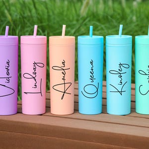 Puede incluir: Seis vasos personalizados con pajitas, en colores pastel. Cada vaso es de un color diferente: morado, rosa, melocotón, azul claro, azul medio y verde menta. Cada vaso tiene un nombre en escritura negra: Victoria, Lindsay, Amelia, Queena, Kinsley y Sophia.