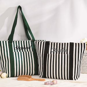 Benutzerdefinierte gestreifte Sommer Canvas Einkaufstasche, große Reise-Einkaufstasche, wiederverwendbare Dinge Tragetaschen, alltägliche Schultertaschen, Geschenk für sie, Geburtstagsgeschenk