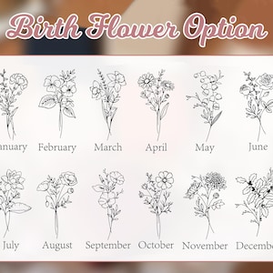 Peut inclure: Une carte blanche pr&eacute;sente des dessins au trait noirs de fleurs de naissance pour chaque mois de l'ann&eacute;e. Les mois sont &eacute;tiquet&eacute;s sous chaque illustration florale, avec le texte "Birth Flower Option" en haut.