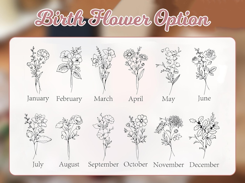 Peut inclure: Une carte blanche pr&eacute;sente des dessins au trait noirs de fleurs de naissance pour chaque mois de l'ann&eacute;e. Les mois sont &eacute;tiquet&eacute;s sous chaque illustration florale, avec le texte "Birth Flower Option" en haut.
