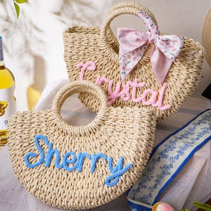 Personalized Straw Bridesmaid Handbag,Beach Bag,Bridesmaid Gift,Crochet Handwoven Khaki Beige image 4
