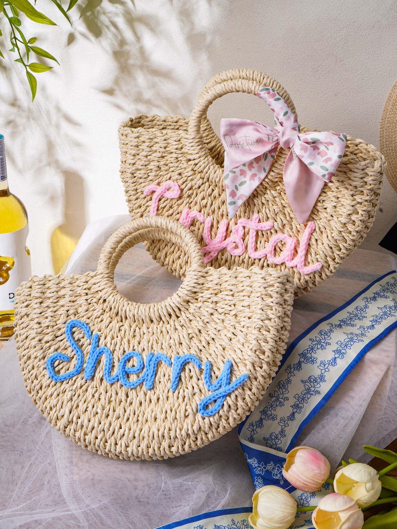 Personalized Straw Bridesmaid Handbag,Beach Bag,Bridesmaid Gift,Crochet Handwoven Khaki Beige image 4
