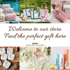 May include: A collection of personalized items including quilted pouches, canvas tote bags, zippered cosmetic bags, jewelry boxes with floral designs, clear daisy-patterned handbags, and colorful tumblers with straws, all featuring custom names.