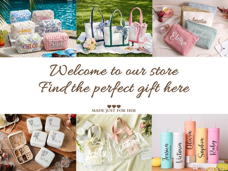 May include: A collection of personalized items including quilted pouches, canvas tote bags, zippered cosmetic bags, jewelry boxes with floral designs, clear daisy-patterned handbags, and colorful tumblers with straws, all featuring custom names.