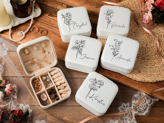 Personalized Travel Jewelry Box,Small Square Earring Organizer,Custom Jewelry Box With Birth Flower,Bridesmaid Gifts Box For Sister,Friend