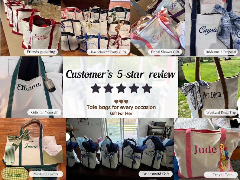 May include: A collection of canvas tote bags featuring various embroidered names, colorful fabric handles, and decorative ribbons. The bags are displayed in multiple settings, showcasing personalized designs with different fonts and color schemes.