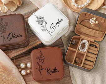 Custom Birth Flower Jewelry Organizer,Engraved Leather Jewelry Case, Personalized Floral Travel Jewelry Box,Bridesmaid Proposal Gifts