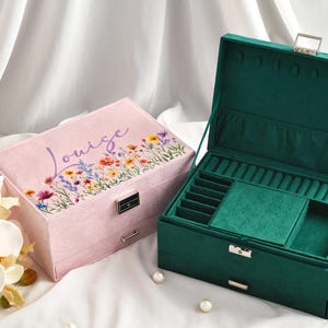 Joyero de terciopelo con flores, joyero con nombre personalizado, organizador de joyas grande con cajón, caja de almacenamiento para mujeres, exhibición de joyas, regalo para ella