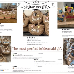 May include: A collection of woven straw tote bags featuring round handles and personalized names in cursive script. Some bags are decorated with small fabric flowers or patterned scarves. The text 5-Star Review and The most perfect bridesmaid gift appear.