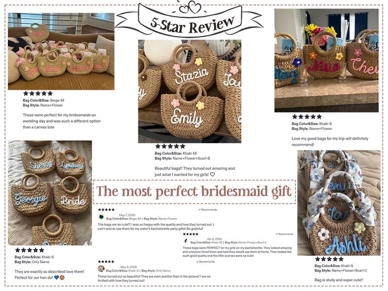 May include: A collection of woven straw tote bags featuring round handles and personalized names in cursive script. Some bags are decorated with small fabric flowers or patterned scarves. The text 5-Star Review and The most perfect bridesmaid gift appear.