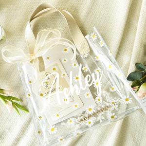 Blumenmädchen Vorschlag Geschenktüte, kundenspezifische Gänseblümchen-Geschenktasche mit Griffen, kundenspezifisches Geschenk für Blumenmädchen, personalisierte transparente Geschenktasche mit Band