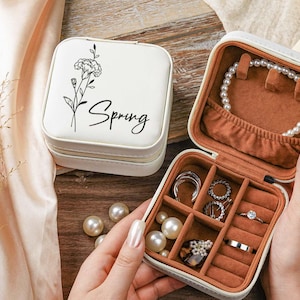 Schmuckschatulle mit Gravur, Geburtsblume, Schmuckschatulle, personalisierte Leder Blumenschmuckschatulle, Brautjungfer Vorschlag Geschenke, Geburtsblume Schmuck Organisator