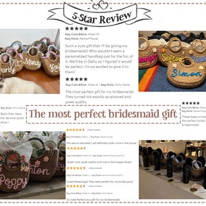 May include: A collection of personalized straw handbags featuring round handles and embroidered names in various colors. Some bags are decorated with small floral accents. The image includes text reviews and a 5-Star Review header.
