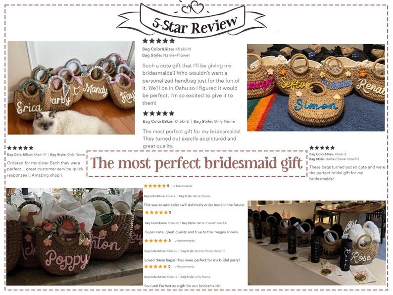 May include: A collection of personalized straw handbags featuring round handles and embroidered names in various colors. Some bags are decorated with small floral accents. The image includes text reviews and a 5-Star Review header.