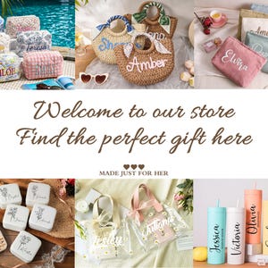 May include: A collection of personalized items including quilted pouches, straw bags, zippered cosmetic cases, jewelry boxes with floral designs, clear tote bags with daisy patterns, and colorful tumblers with straws, all featuring custom names.