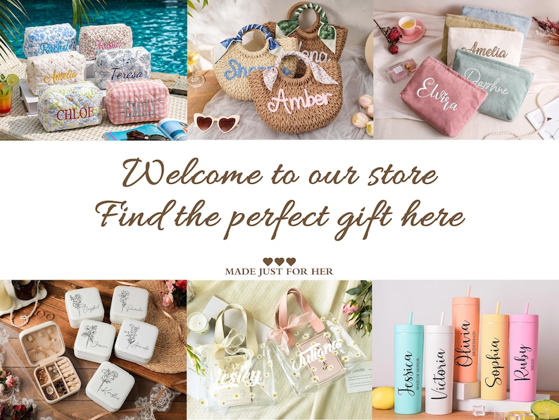 May include: A collection of personalized items including quilted pouches, straw bags, zippered cosmetic cases, jewelry boxes with floral designs, clear tote bags with daisy patterns, and colorful tumblers with straws, all featuring custom names.