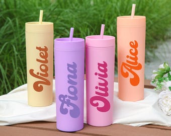 Vasos de boda personalizados, vaso personalizado con tapa y pajita, regalo para dama de honor, vaso delgado de 16 oz, despedida de soltera