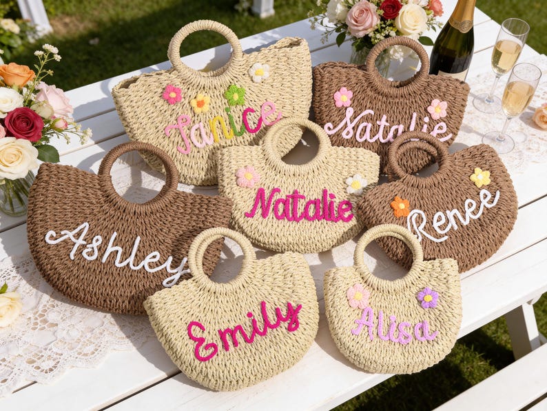 Personalized Straw Bridesmaid Handbag,Beach Bag,Bridesmaid Gift,Crochet Handwoven Khaki Beige image 17