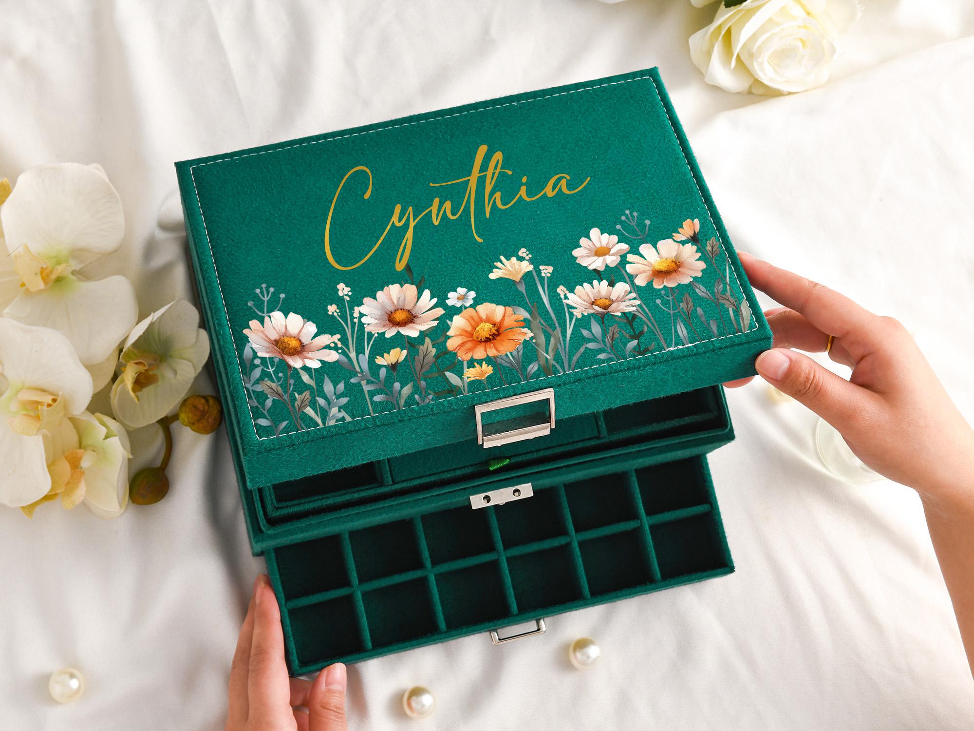 Large Jewelry Organizer with Drawer,Custom Velvet Jewelry Box,Name Jewelry Box with Flowers,Women Storage Box,Jewelry Display,Gift for Her