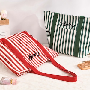 Custom Striped Summer Canvas Tote Bag,Large Travel Tote Bag,Reusable Things Tote Bags,Everyday Shoulder Bags,Gift for Her,Birthday Gift