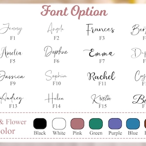 Peut inclure: Image pr&eacute;sentant des options de polices de caract&egrave;res. Le texte "Font Option" est en haut. Seize styles de polices diff&eacute;rents sont affich&eacute;s, chacun avec un nom et un num&eacute;ro. Une palette de couleurs avec noir, blanc, rose, vert, violet, bleu et marron est en bas.