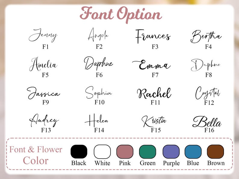 Peut inclure: Image pr&eacute;sentant des options de polices de caract&egrave;res. Le texte "Font Option" est en haut. Seize styles de polices diff&eacute;rents sont affich&eacute;s, chacun avec un nom et un num&eacute;ro. Une palette de couleurs avec noir, blanc, rose, vert, violet, bleu et marron est en bas.