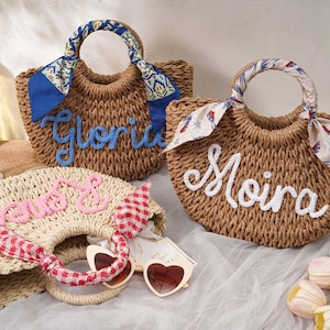 Personalized Straw Bridesmaid Handbag,Beach Bag,Bridesmaid Gift,Crochet Handwoven Khaki Beige image 13