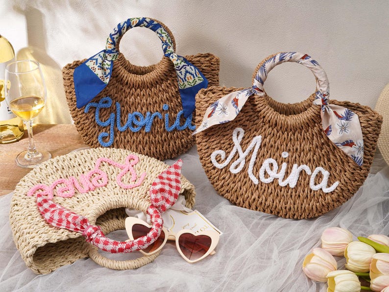 Personalized Straw Bridesmaid Handbag,Beach Bag,Bridesmaid Gift,Crochet Handwoven Khaki Beige image 13