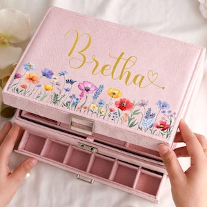 Joyero grande personalizado, joyero con nombre y flores, joyero con cajón, joyero de terciopelo para mujer, regalo de Navidad, regalo para ella.
