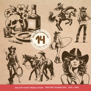 Retro Cowgirl Bundle 14 SVG Vintage Boho Western Clipart Chic Women Illustration Whiskey Cowboy Boot Horseshoe Digital Download PNG