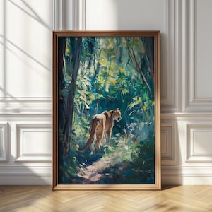 Cougar in the Forest Wall Art, Wildlife Nature Painting, Majestic Mountain Lion in Lush Greenery, Rustic Animal Decor