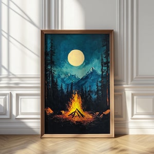 Full Moon Campfire Wall Art, Cozy Forest Night Painting with Mountains, Rustic Wilderness Wall Decor for Home or Cabin