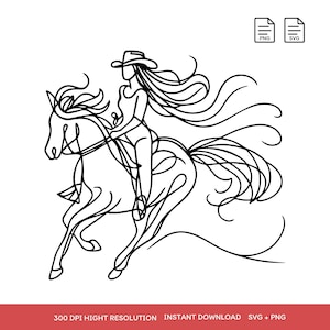 Cowgirl rijden paard zeer fijne tekeningen SVG PNG, western paardrijden silhouet clipart, wilde westen vrouw op paard digitale download