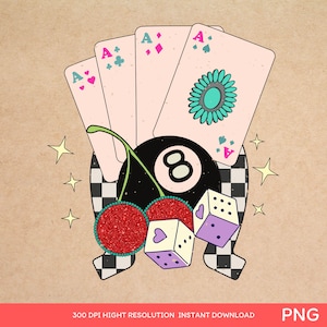 Vintage Poker ästhetischer Aufkleber mit 8 Ball, Kirschen, Spielkarten, Retro Würfel und Sternen-Design für Laptops oder Journals