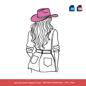 Western Cowgirl in Pink Hat Line Art SVG, PNG Cut File, Country Girl Digital Download, Minimalist Back View Drawing