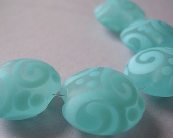 Glass Handmade Blue Green Lampwork Beads Ericabeads Etched Aqua Lentils (5)