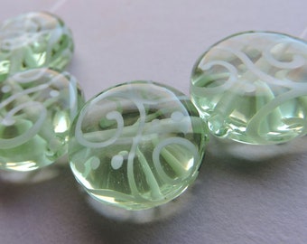 Lampwork Beads Green Handmade Glass Pale Green Scrolled Lozenges (4)