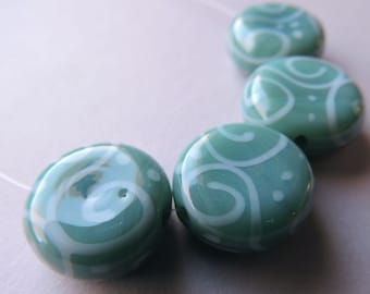 Lampwork Beads Green Handmade Glass Soft Teal Scrolled Lozenges (4)