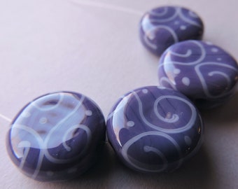Lampwork Beads Purple Handmade Glass Fine Purple Scrolled Lozenges (4)