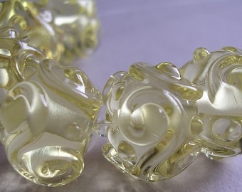 Glass Handmade Yellow Lampwork Beads Ericabeads Palest Yellow Scrolled Sparklies (6)