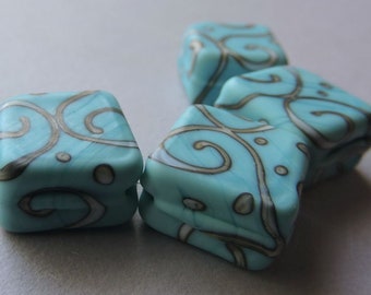 Lampwork Beads Turquoise Handmade Glass Ericabeads Light Turquoise Diamonds (4)