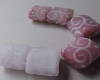 Handmade Glass Pinks Lampwork Beads Ericabeads Etched Pink Pairs Encased Nuggets (6)