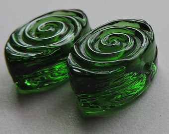 Lampwork Beads Green Handmade Glass Ericabeads Bottle Green Spiral Zulu Pair (2)