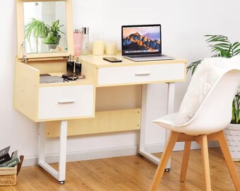 White Vanity Table with Flip Top Square Mirror Makeup Dressing Table Writing Table