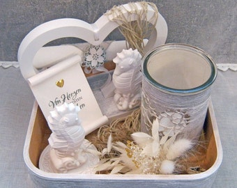 Geldgeschenk Tablett mit Herz und Seepferdchen aus Keramik mit Papierrolle und Glaslicht